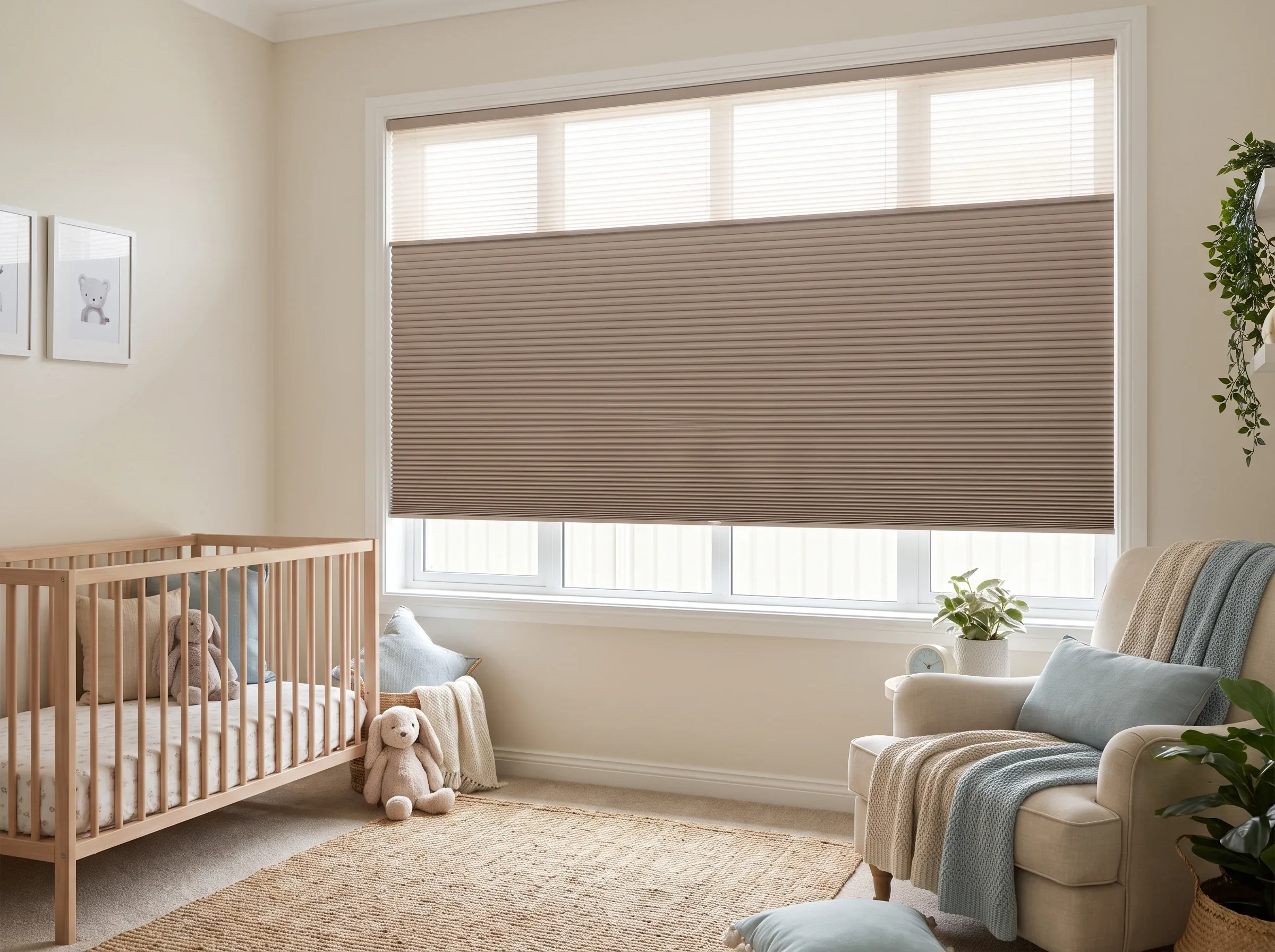 Taupe cellular honeycomb blind lowered from the head of a wide four-pane nursery window, cot on the left and a nursing chair on the right, the fabric cells visible as fine horizontal ribs