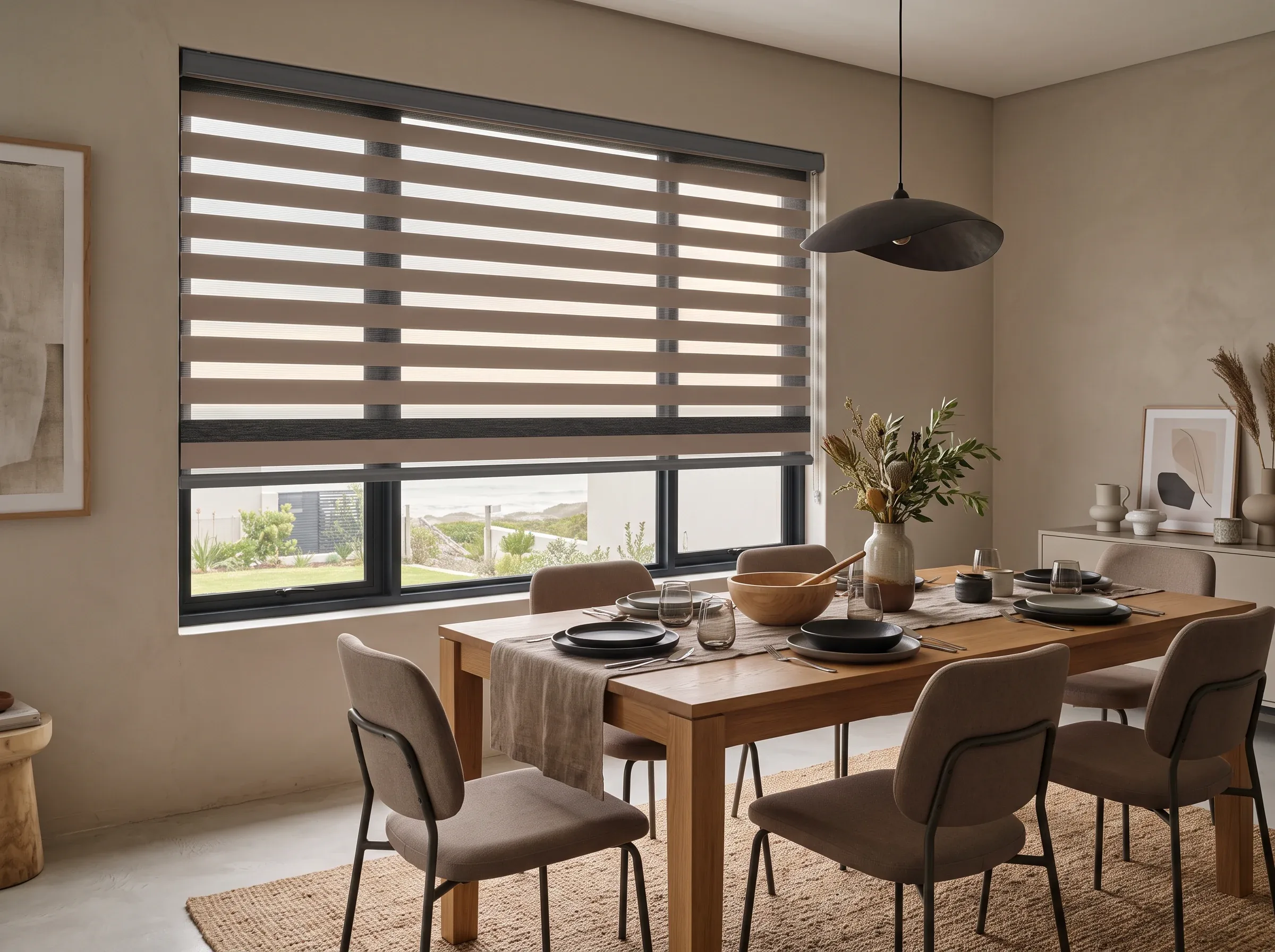 Banded day and night blind lowered over a wide dining-room window, its sheer and solid stripes offset so the neighbouring wall, lawn and dune grass below stay visible