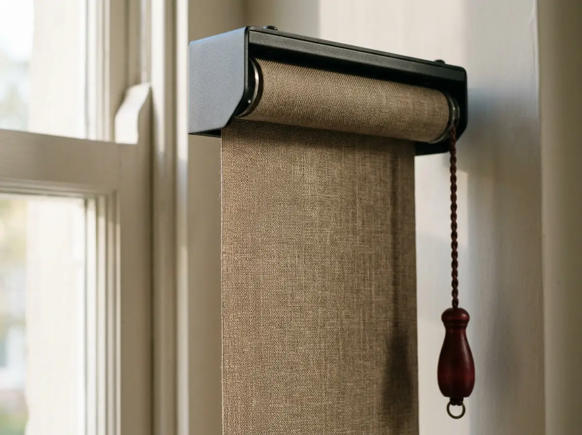 Close-up of a taupe roller blind mechanism and pull chain mounted on a window frame