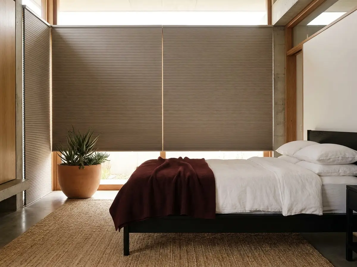 Taupe cellular honeycomb blinds covering a corner window bank in a Sunningdale bedroom with a bed dressed in white linen and an oxblood throw
