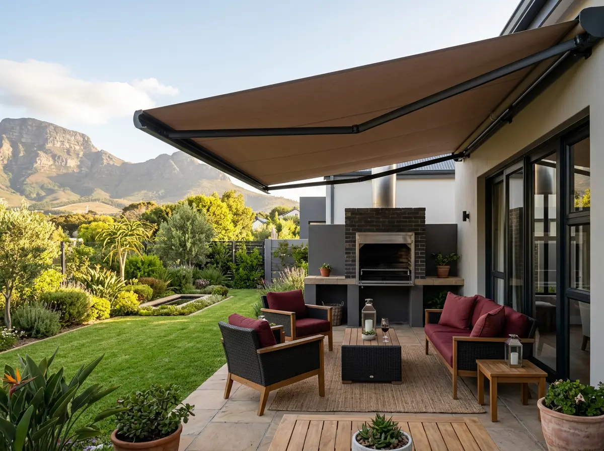 Retractable fold-arm awning extended over a Sunningdale patio with braai area, outdoor lounge seating and mountain views