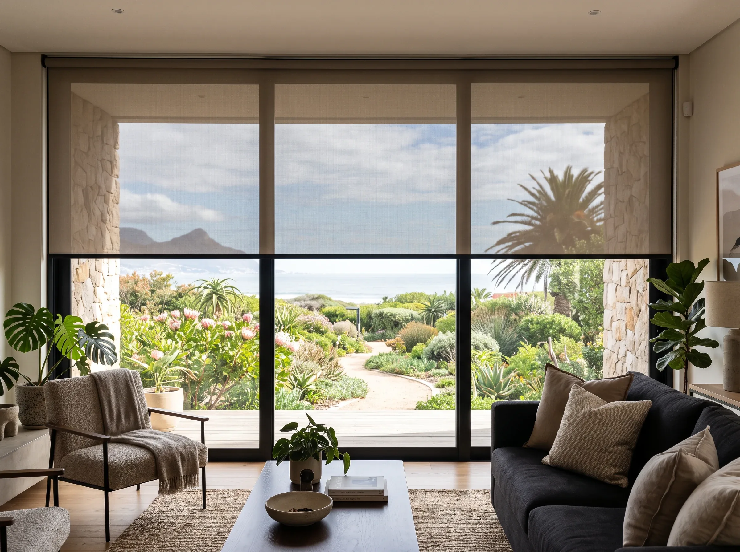 Sunscreen mesh roller blind filtering light in a Sunningdale living room with garden and protea beds visible through the weave