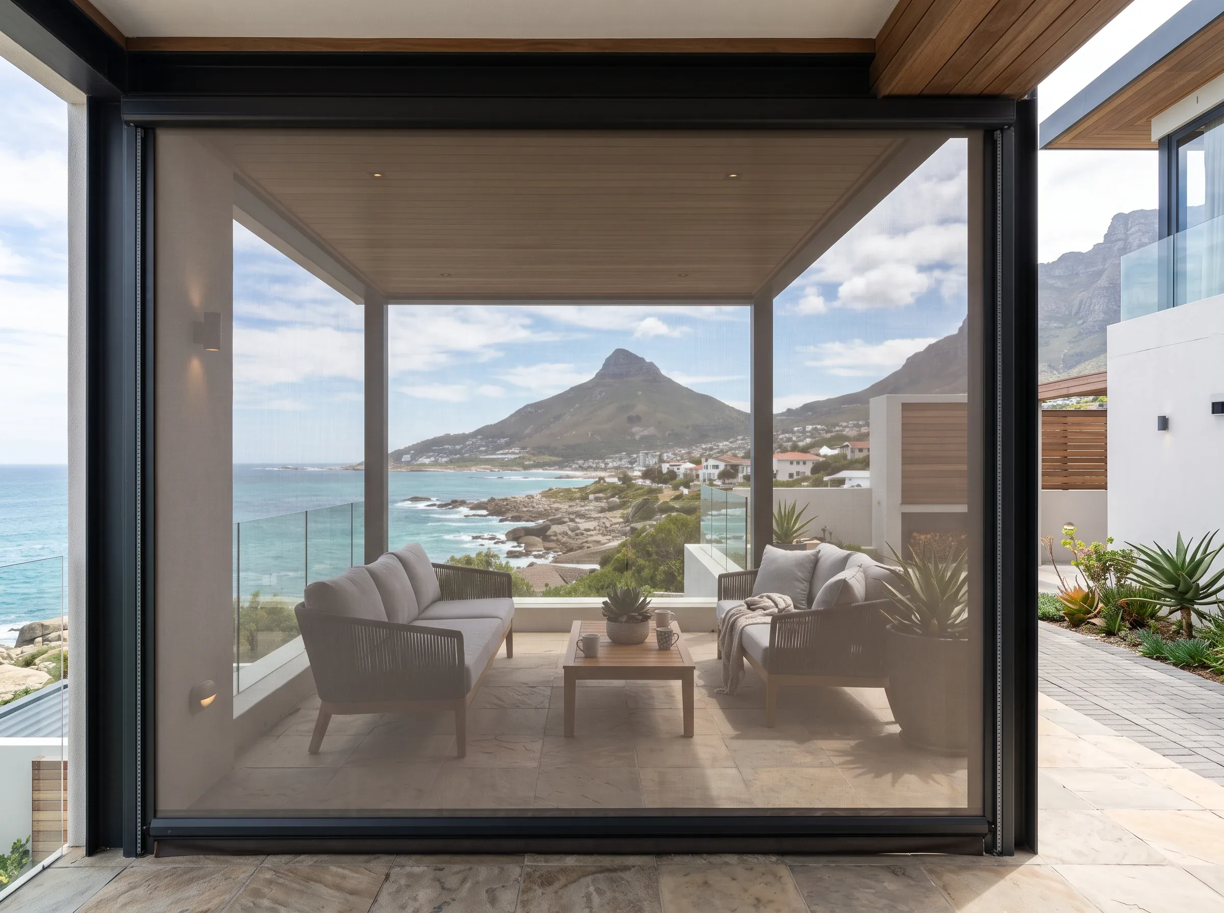 Zip-track screen blind enclosing a windy patio at a Sunningdale-area coastal home